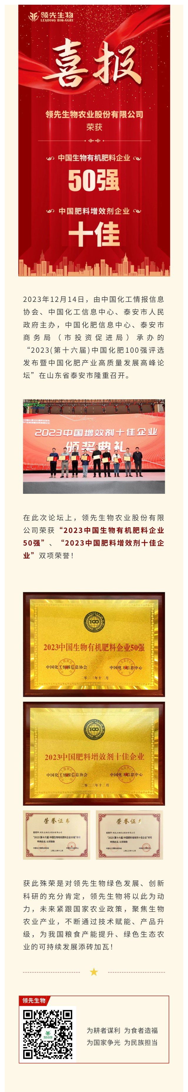 實(shí)力上榜 | 領(lǐng)先生物榮獲2023中國(guó)生物有機(jī)肥料企業(yè)50強(qiáng)！中國(guó)肥料增效劑十佳企業(yè)！